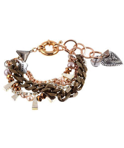 Chunky charm bracelet features a stunning arrangement of silver-plated charms and iridescent beads. - Maiden-Art
