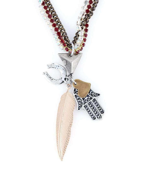 Choker Necklace with lucky charm, hamsa pendant, feather and horseshoe. - Maiden-Art