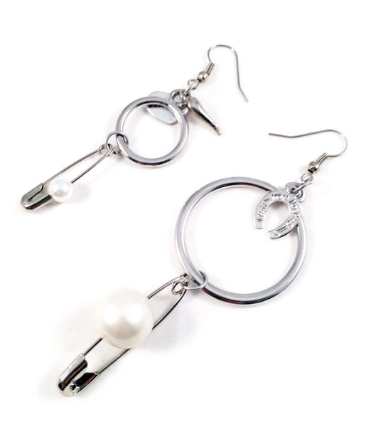 Silver safety pins and white pearls hoop earrings. Perfect for parties, summer time and gift for her. - Maiden-Art