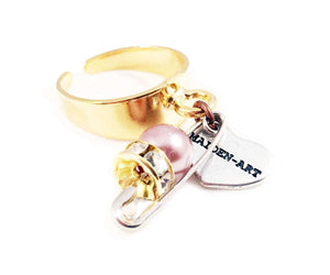 Gold ring with safety pin, crystal and pearl. Perfect for parties, summer time and gift for her. - Maiden-Art