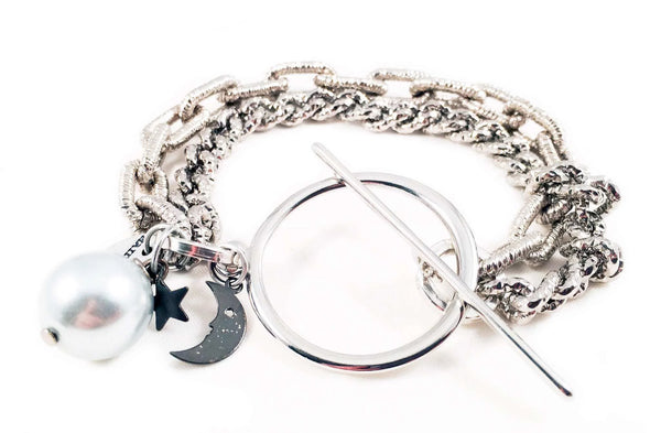 Silver bracelet with light blue pearl and black moon. Perfect for parties, summer time and gift for her. - Maiden-Art