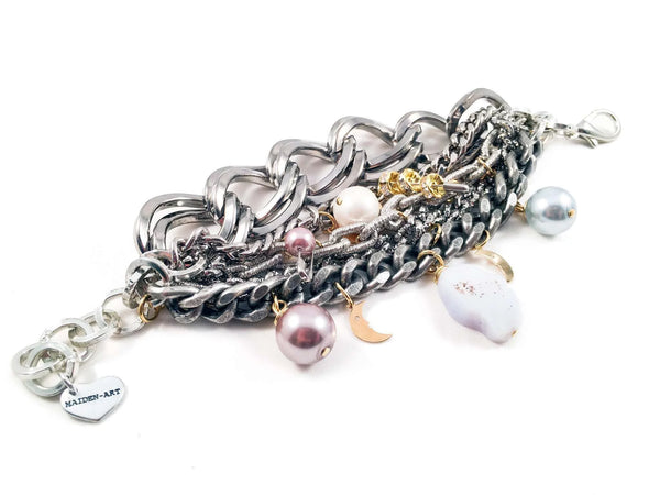 Statement bracelet with calcedony, pearls, crystals and charms. Perfect for parties, summer time and gift for her. - Maiden-Art