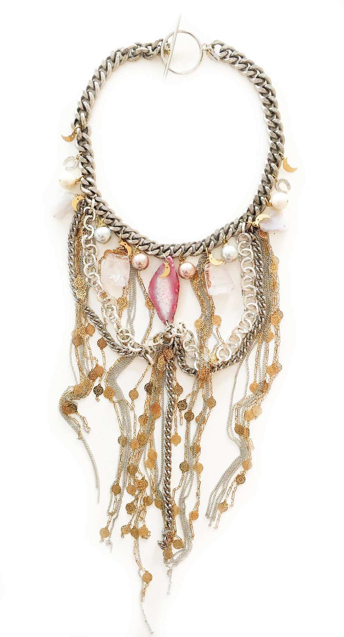 Fringe necklace with pink agate, rose quartz, calcedony, pearls and charms. Perfect for parties, summer time and gift for her. - Maiden-Art