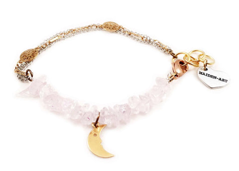 Rose quartz and moon charm bracelet. Perfect for parties, summer time and gift for her. - Maiden-Art