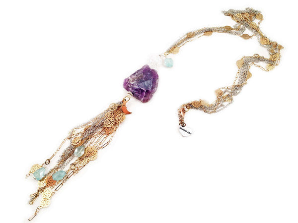 Aquamarine, Amethyst, Calcedony and charms long lariat necklace. Perfect for parties, summer time and gift for her. - Maiden-Art