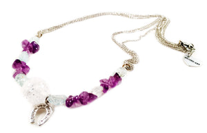Aquamarine, White Onyx and Amethyst Stones Silver Plated Choker Necklace with Horseshoe Charm. - Maiden-Art
