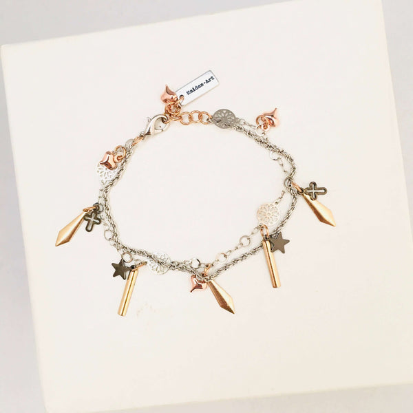 Gold Spikes Bracelet with Black Star, Bronze Crosses and Rose Gold Heart Charms. - Maiden-Art