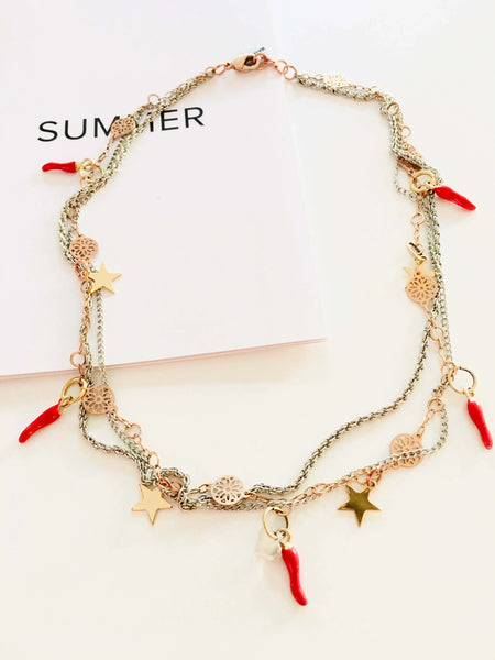 Red horn and gold star necklace. - Maiden-Art