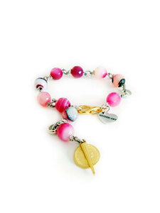 Rosary bracelet with pink agate stones, gold spikes and coins - Maiden-Art