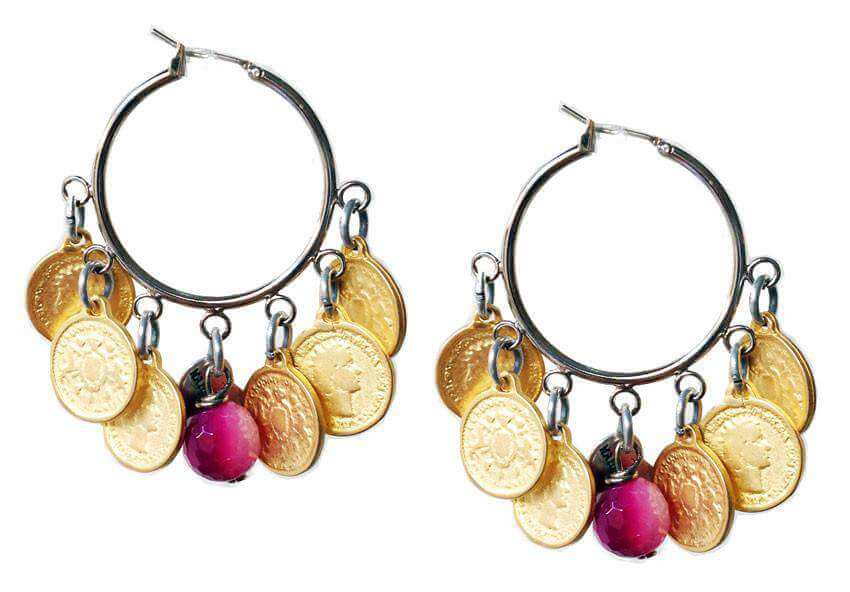 Hoop Earrings with gold coins and pink agate stones. - Maiden-Art