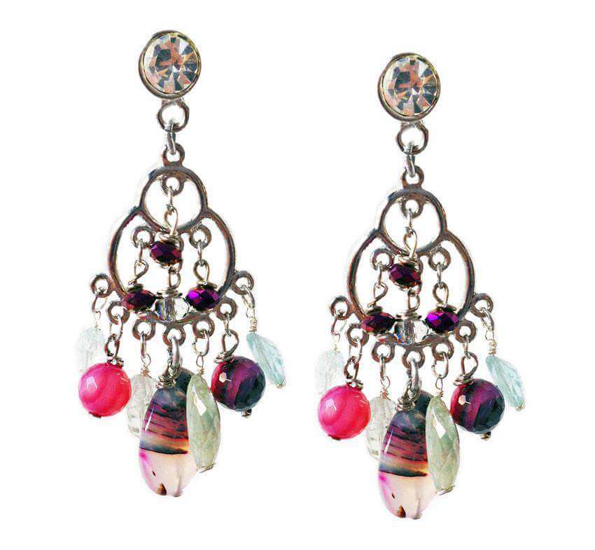 Chandelier Earrings with aquamarine stones and pink agate stones. Long Earrings. Earrings for women. - Maiden-Art