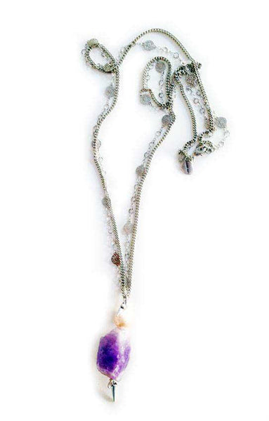 Lariat necklace with amethyst and light rose pearl. - Maiden-Art