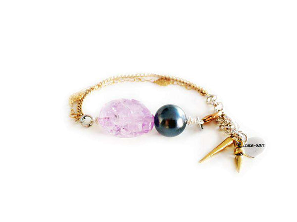 18kt Gold Plated Charm bracelet with amethyst stone, black pearl and small charms. - Maiden-Art