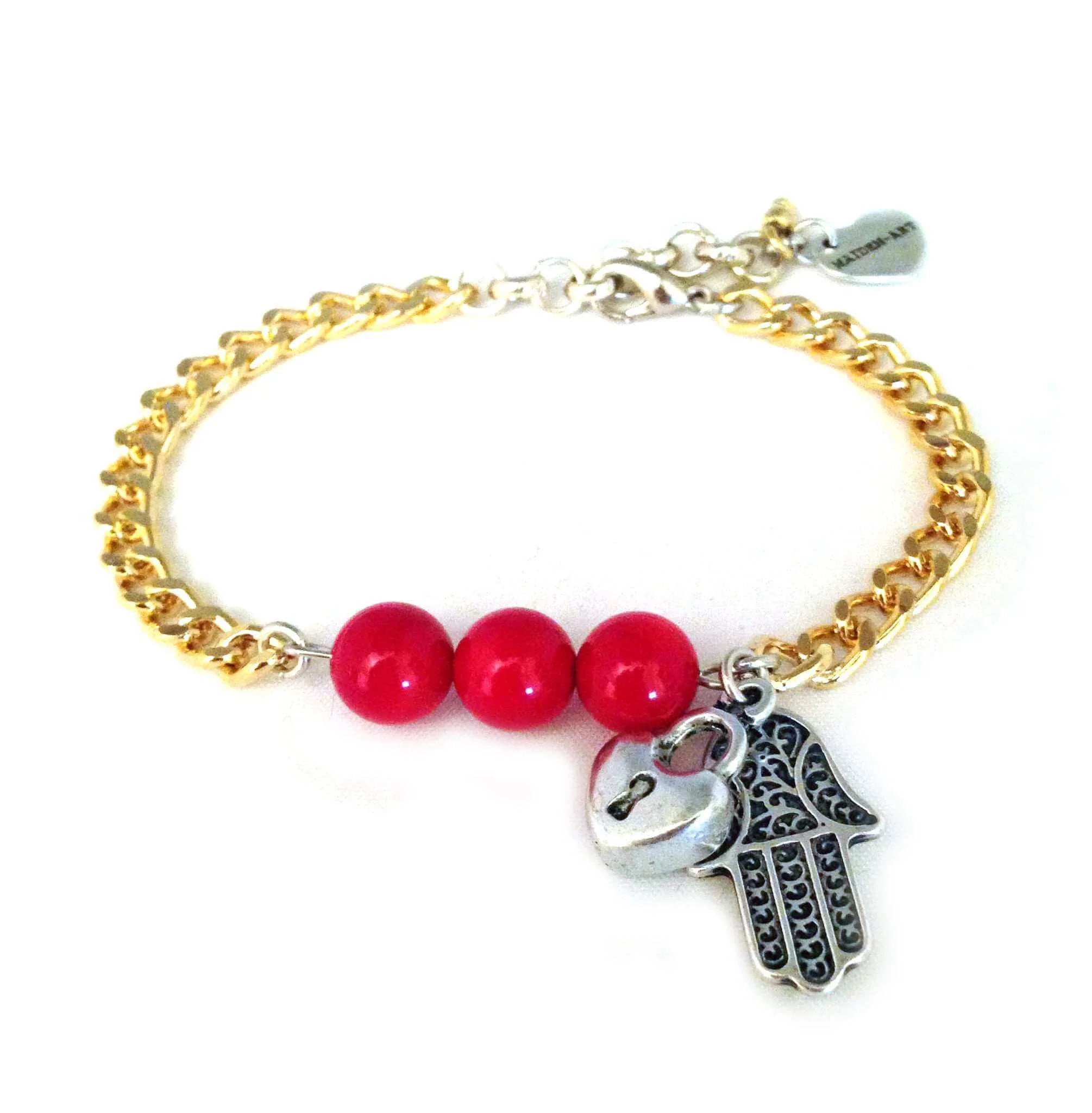 Valentine's Day bracelet in gold, coral and hamsa. - Maiden-Art