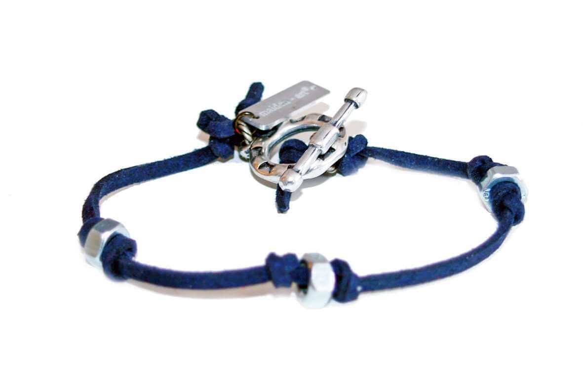 Mens bracelet in blu navy deerskin and bolt nuts - Maiden-Art