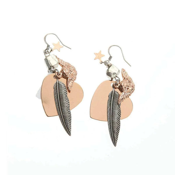 Rose Gold and Silver Heart , Feather, Angel Charms Earrings - Maiden-Art