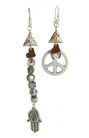 Boho chic drop earrings made with crystals, silver peace pendant, cross and horseshoe charms and hamsa pendant. - Maiden-Art