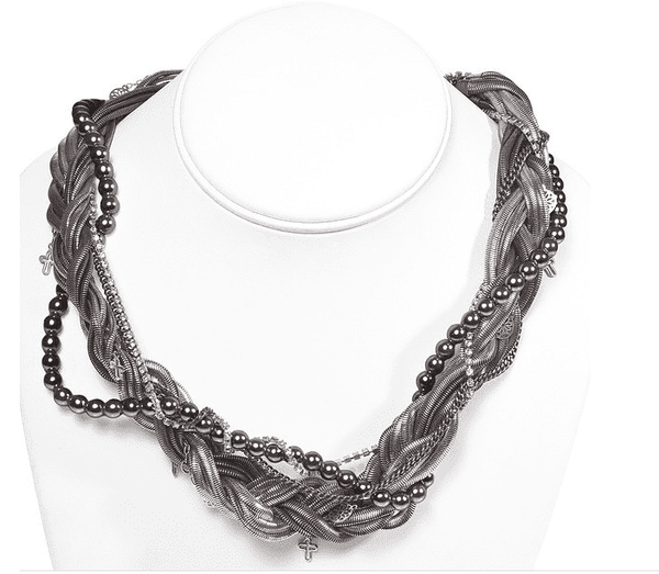 Multistrand silver necklace with black pearls and rhinestones. - Maiden-Art