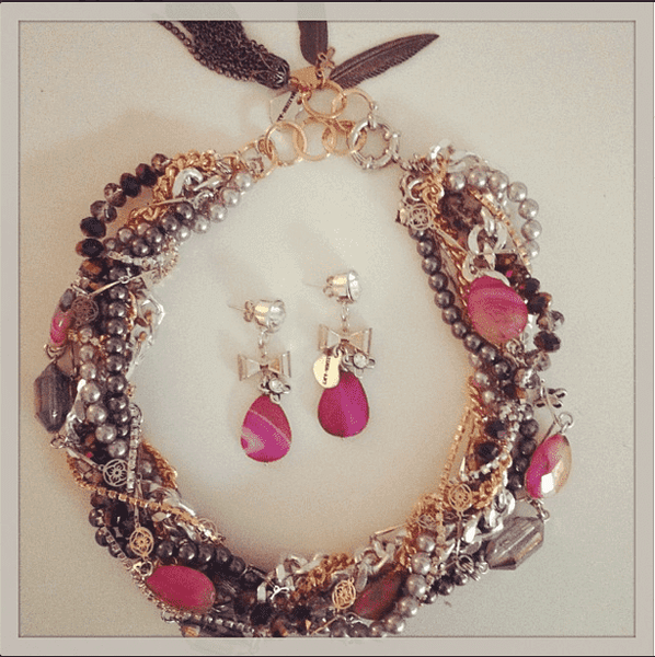 Multi strand necklace with pink agate stones and charms - Maiden-Art