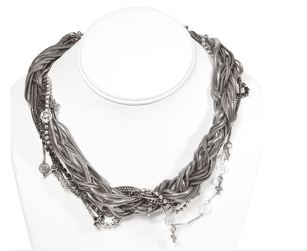 Multi chain necklace made with silver and black ematite crystals, silver plated brass, little cross charms and metal feather pendants. - Maiden-Art