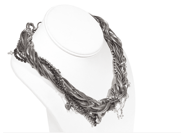Multi chain necklace made with silver and black ematite crystals, silver plated brass, little cross charms and metal feather pendants. - Maiden-Art