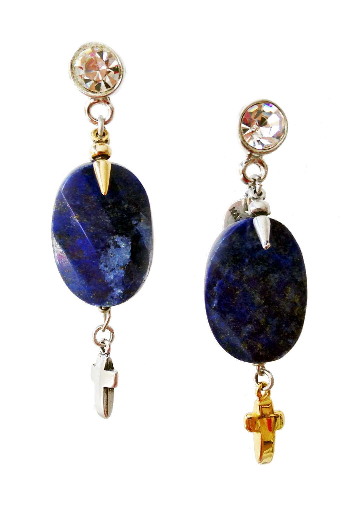 Dangle and drop earrings with blue lapis lazuli stones, rhinestones, brass and charms. Boho chic earrings, Boho chic jewelry. - Maiden-Art