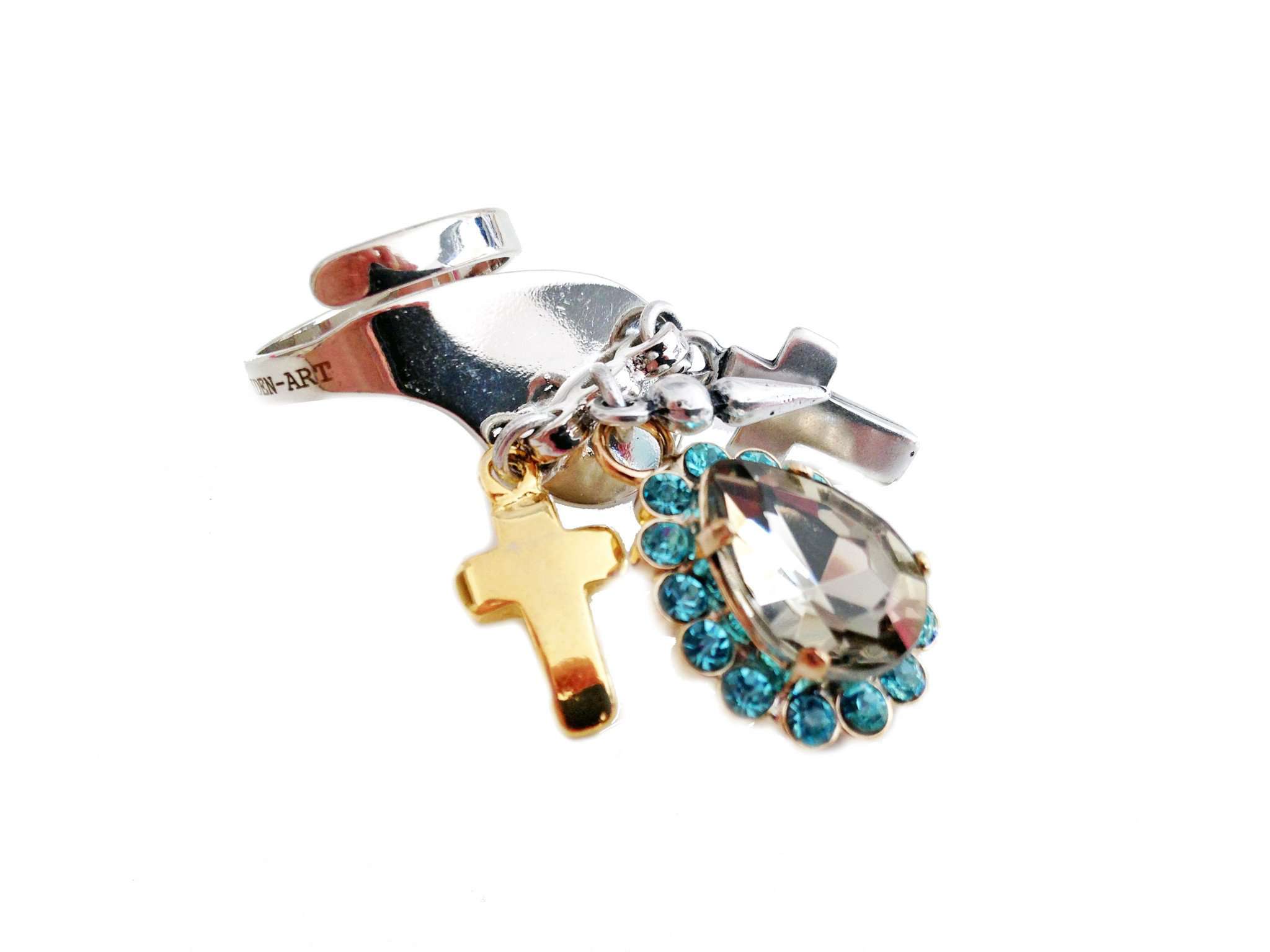 Light blu rhinestones statement ring with silver plated brass, antique silver, gold charms and logo engraved. Trendy jewelry, trendy rings. - Maiden-Art