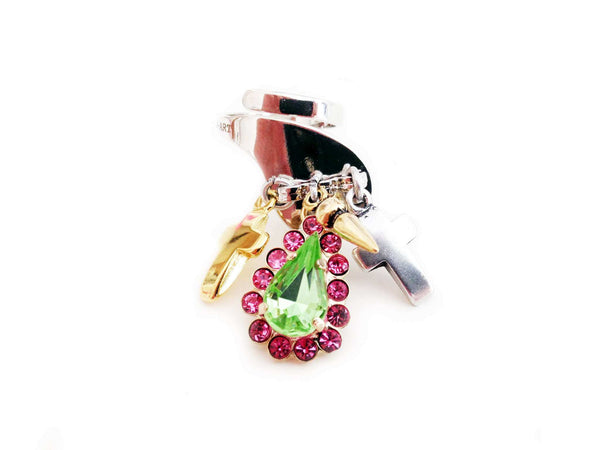 Green and Pink rhinestones statement ring with silver plated brass, antique silver, gold charms and logo engraved. Trendy rings. - Maiden-Art