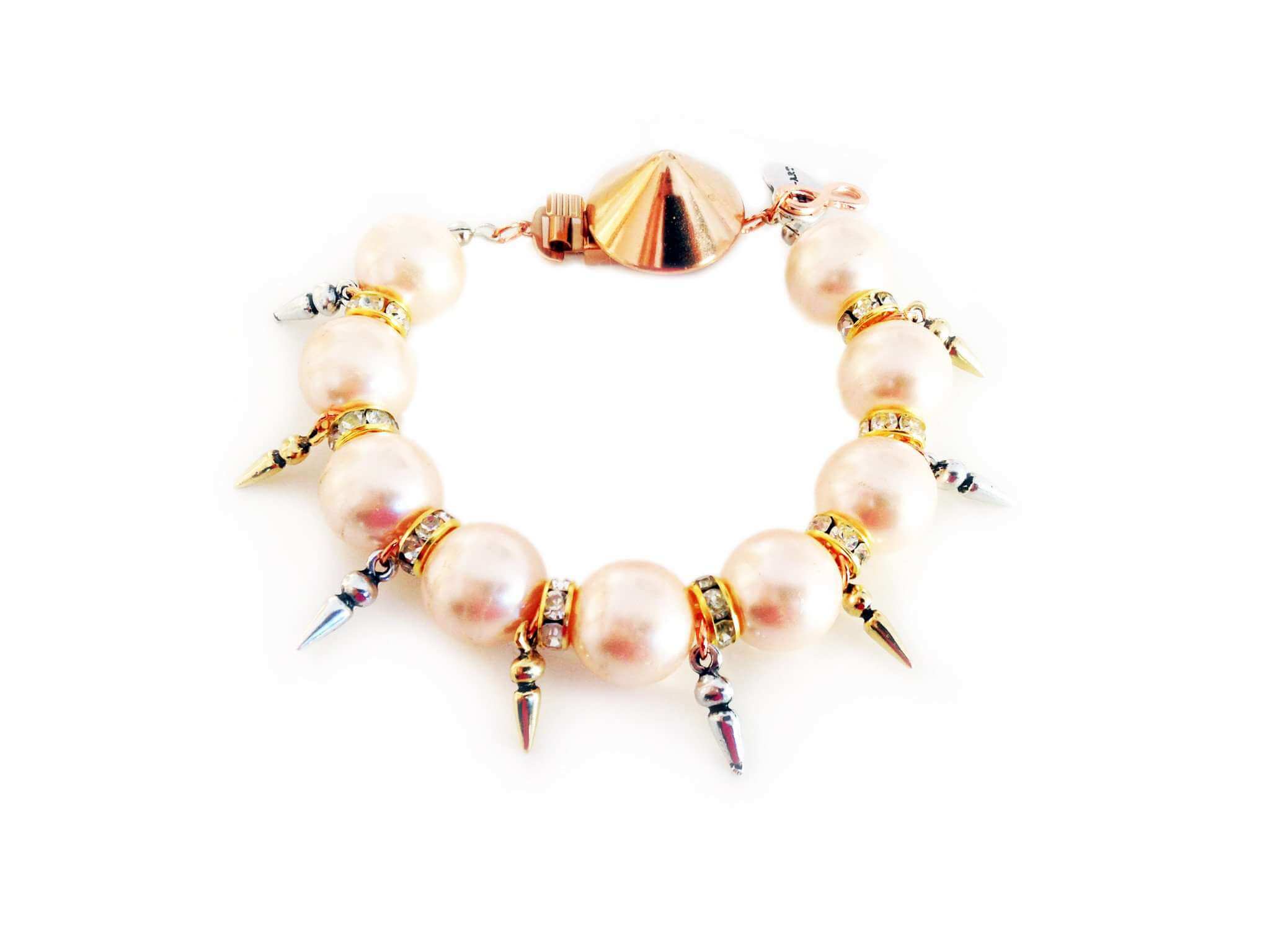 Handmade statement bracelet with light rose pearls, Swarovski crystals, rhinestones and gold, silver, rose gold plated brass. - Maiden-Art
