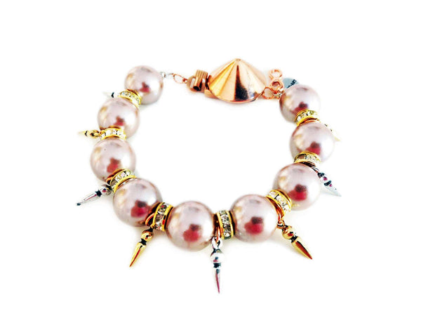 Handmade statement bracelet with vintage rose pearls, Swarovski crystals, rhinestones and gold, silver, rose gold plated brass. - Maiden-Art