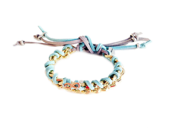 Friendship bracelet with gold chains, colorful suede ribbons and infinity charms. - Maiden-Art