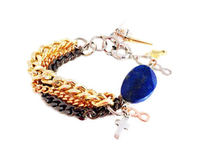 Handmade lapis lazuli cuff bracelet and gold chains, rhinestones, gold charms, pointed studs. Trendy jewelry, trendy bracelet. - Maiden-Art