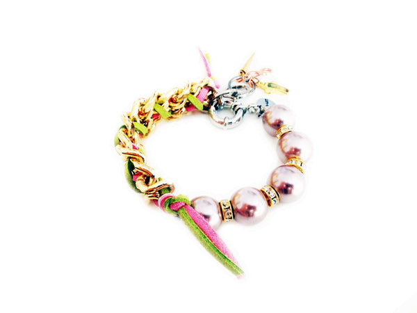 Handmade cuff bracelet with colorful pearls and suede ribbons. - Maiden-Art