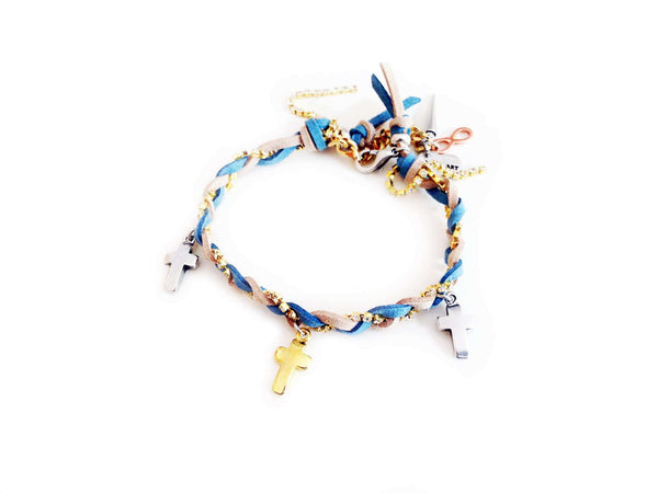 Friendship bracelet with golden crosses, colorful suede ribbons and rhinestones. Coachella bracelets, Boho chic bracelets, hippie bracelets - Maiden-Art