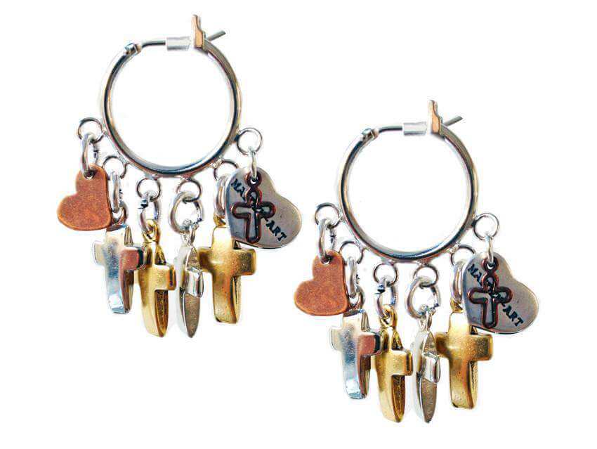Hoop earrings with crosses, hearts charms and burnished gold. Boho earrings, trendy earrings, summer earrings. - Maiden-Art