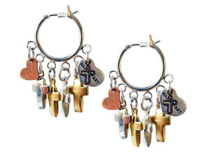 Hoop earrings with crosses, hearts charms and burnished gold. Boho earrings, trendy earrings, summer earrings. - Maiden-Art