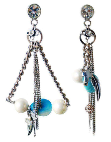 Chandelier earrings with blue agate stones, crosses, feathers, pearls, Swarovski crystals and charms. Trendy earrings, Trendy jewelry. - Maiden-Art