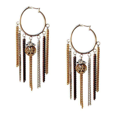 Hoop earrings with fringes, chains, charms and burnished gold. Contemporary jewellery, Boho earrings - Maiden-Art