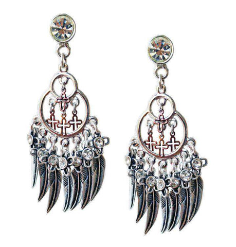 Chandelier earrings with feathers, crosses, Swarovski crystals and charms. Boho chic earrings, Boho chic jewelry. - Maiden-Art