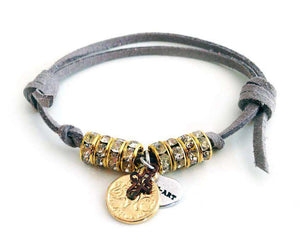 Deerskin leather wrap bracelet with Swarovski crystals and burnished gold coins charms. Boho jewelry, boho bracelet. - Maiden-Art