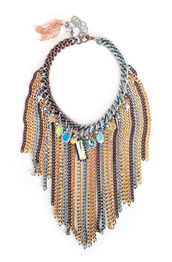 Handmade fringe necklace with crystals, charms and burnished gold. Boho Jewelry, boho necklace, bohemian jewelry. - Maiden-Art