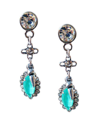 Aquamarine Swarovski Crystal dangle and drop earrings with rhinestones, rhodium and antique silver plated brass. - Maiden-Art