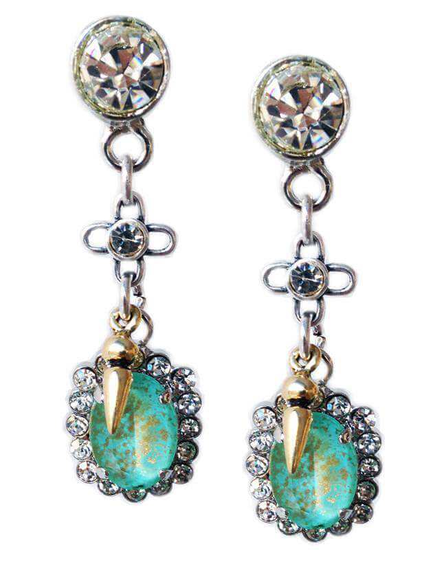 Aqua and gold Crystal dangle and drop earrings with rhinestones, rhodium and antique silver plated brass. - Maiden-Art