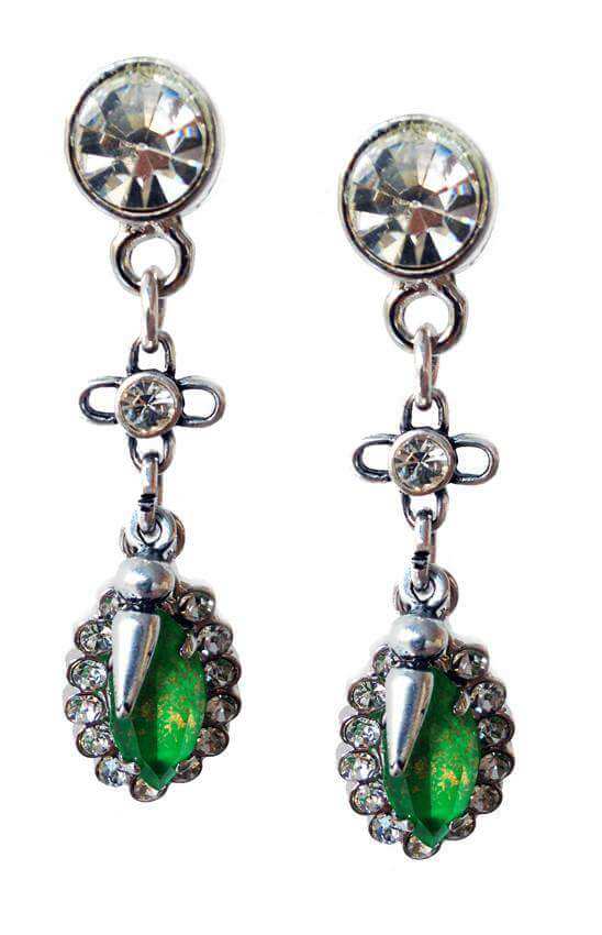 Emerald green Swarovski Crystal dangle and drop earrings with rhinestones, rhodium and antique silver plated brass. - Maiden-Art