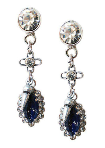 Navy Blue Swarovski Crystal dangle and drop earrings with rhinestones, rhodium and antique silver plated brass. - Maiden-Art