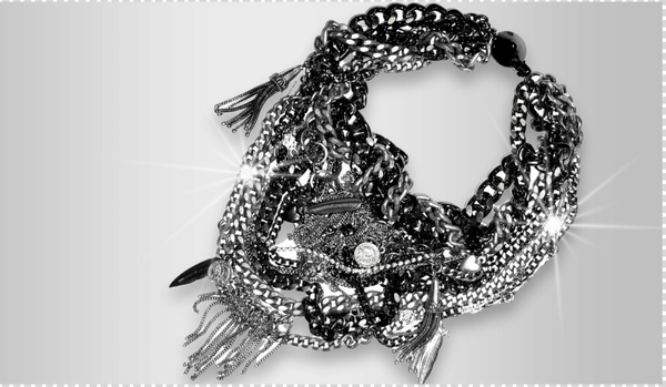 Bib necklace with gunmetal and silver studded chains, Swarovski crystals and stones. Perfect for party, special occasion and to be very fashionable. - Maiden-Art
