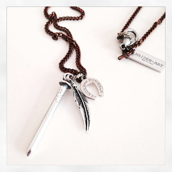 Mens nail, feather and horseshoe necklace - Maiden-Art