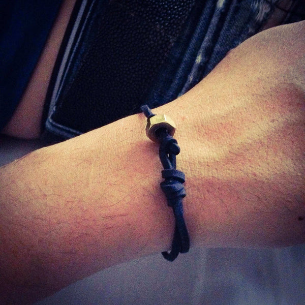 Blu Navy Deerskin Mens bracelet with brass bolt nut. Mens Bracelets, Mens Leather Bracelet. - Maiden-Art