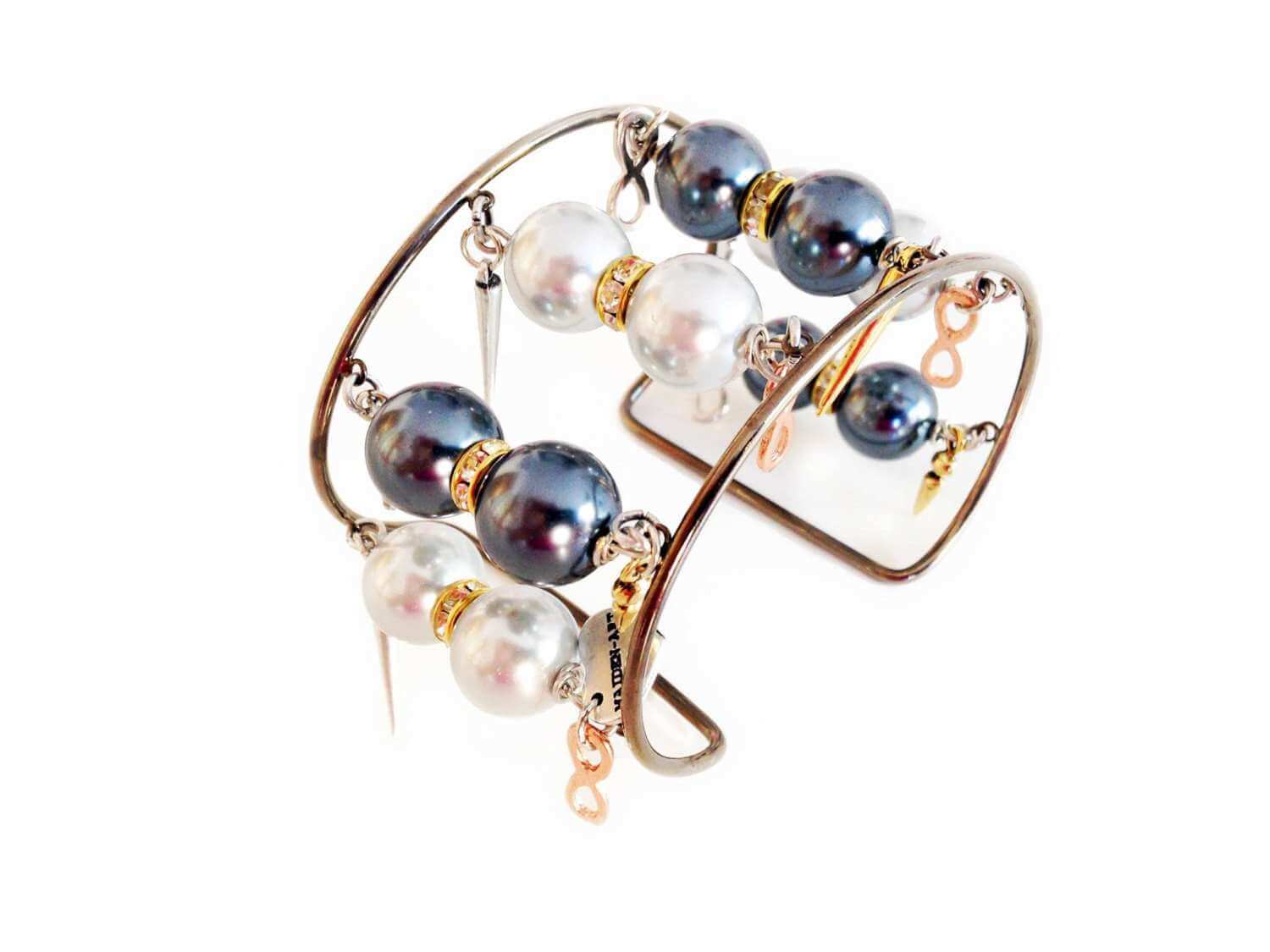 Handmade pearl cuff bracelet with gunmetal, light blue pearls, rhinestones, gold charms, pointed studs. Summer bracelet, Trendy jewelry. - Maiden-Art