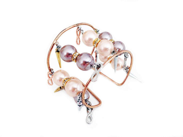 Handmade pearl cuff bracelet with vintage rose, light rose pearls, rhinestones, gold charms, pointed studs. Summer bracelet, Trendy jewelry. - Maiden-Art